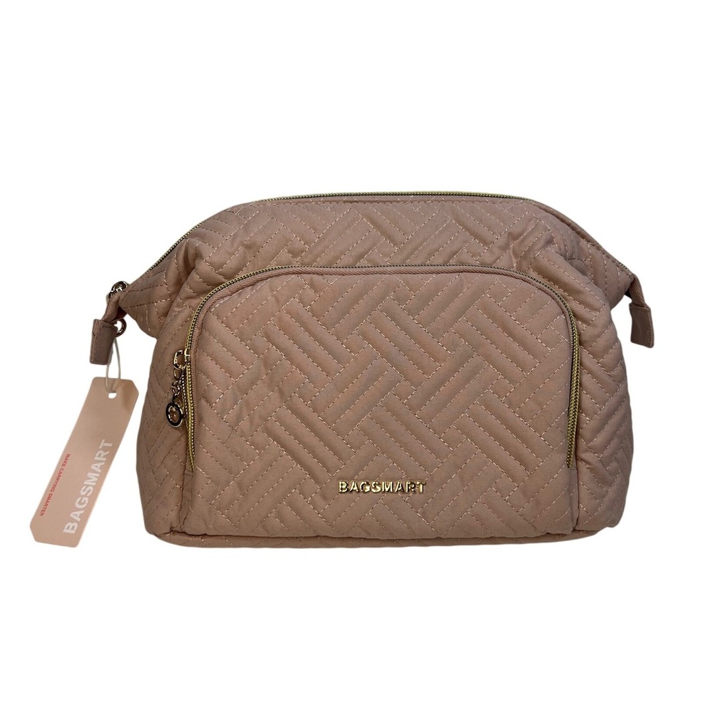 NWT Bagsmart Light Pink Gold Quilted‎ Texture Cosmetic Travel Bag Multi Pockets